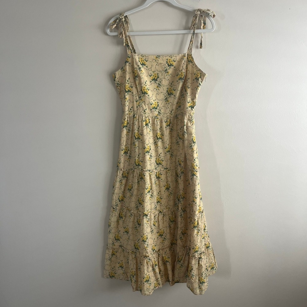PAIGE Tie Strap Yellow Floral Tiered Midi Dress Smocked Back Sundress M